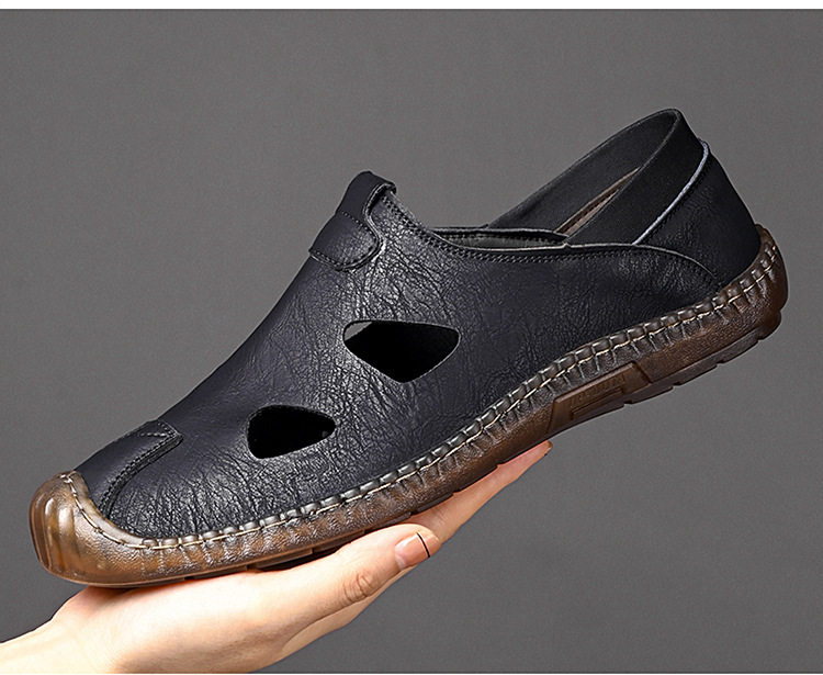 Giày sandal da nam thủ công đan dây, thoáng khí khoét lỗ, kiểu bao đầu — Màu kaki, màu đen chi tiết 13