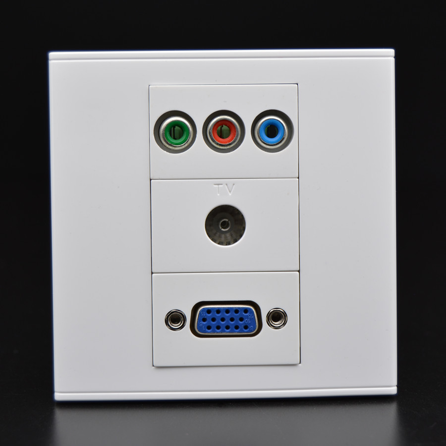 86型VGA多媒体墙插面板免焊VGA投影+TV有线电视+红蓝绿AV分量插座