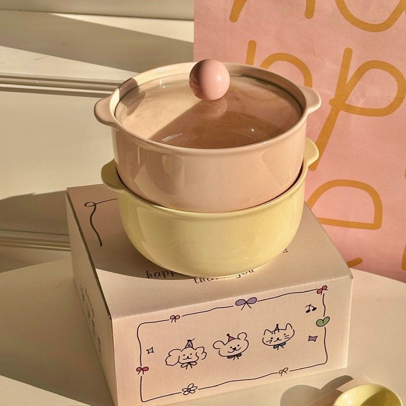 奶fufu樱花粉款陶瓷泡面碗带盖高颜值餐具学生宿舍耐高温防烫双耳