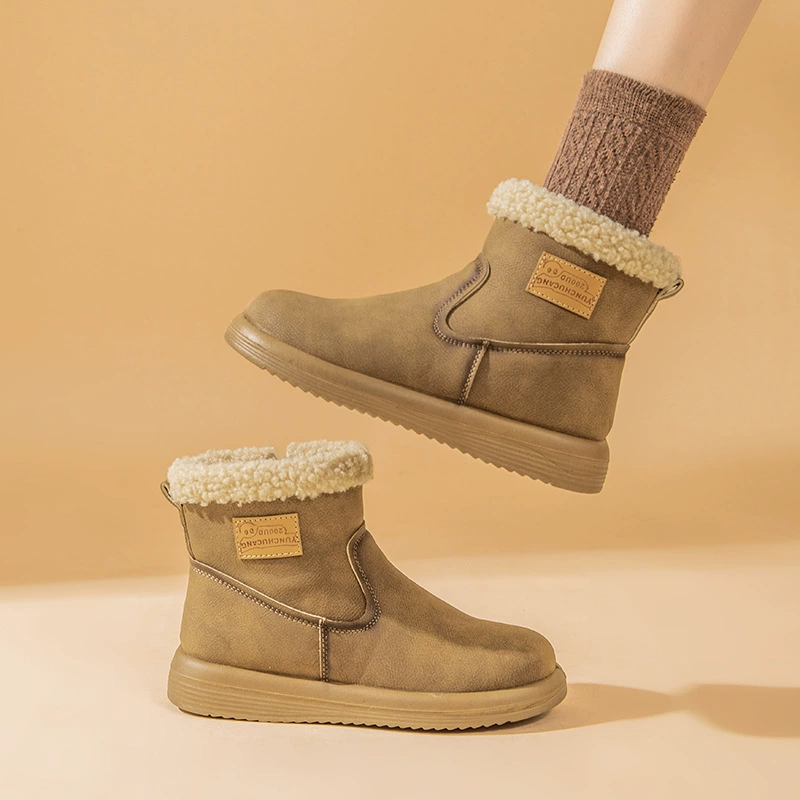 Плоская нижняя труба снежные сапоги женский 2024 новый зимний теплый баранина шерсть ватные туфли ретро мягкая подошва короткие сапоги