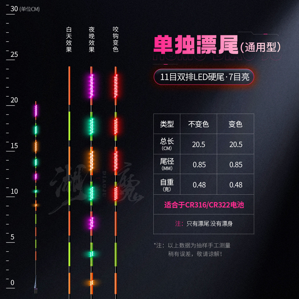 Láser de cola dura LED flotador de cola luminoso día y noche doble gancho de mordida decoloración flotador electrónico de alta sensibilidad pesca nocturna flotador de cola separada