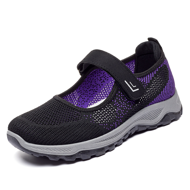 Procesamiento y personalización de zapatos de mujer, nuevos zapatos bajos para caminar, cómodos zapatos con velcro para madres de mediana edad y mayores, zapatos de malla tejida con mosca hueca
