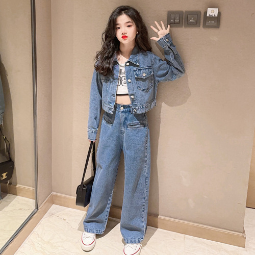 Girls' Autumn Denim Suit  New Style Big Kids' Korean-style Trendy Spring and Autumn Wide-leg Pants Two-piece Set