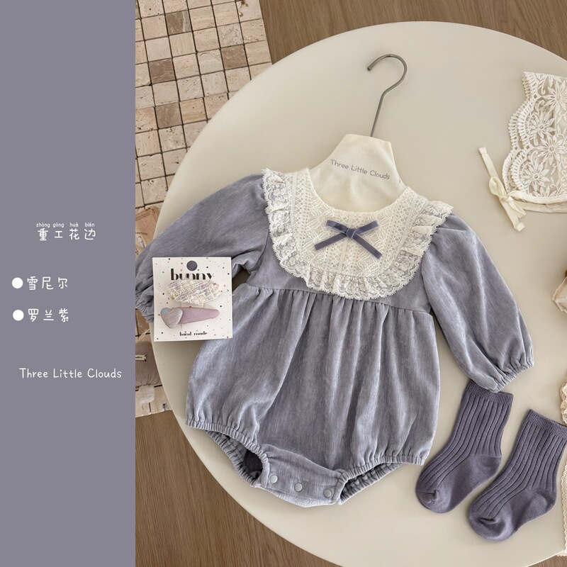 Spring and Autumn Baby Girl Infant Premium Roland Purple Chenille One-Year-Old Outfit Comfortable Romper Triangle Swaddle