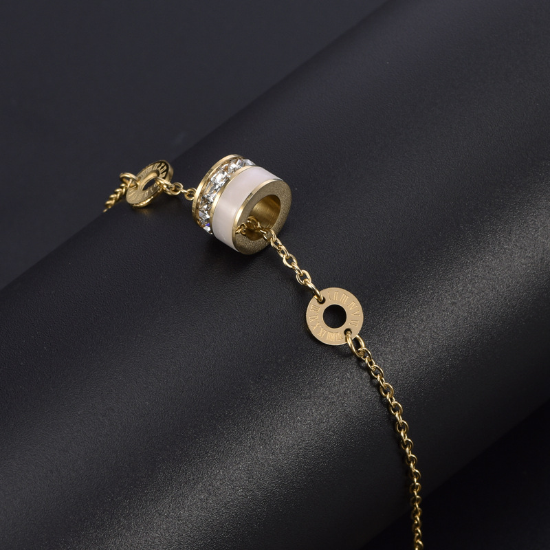 钛钢简约方钻猫眼石小蛮腰白贝手链女 玫瑰色不掉色圆环转运手环|ru