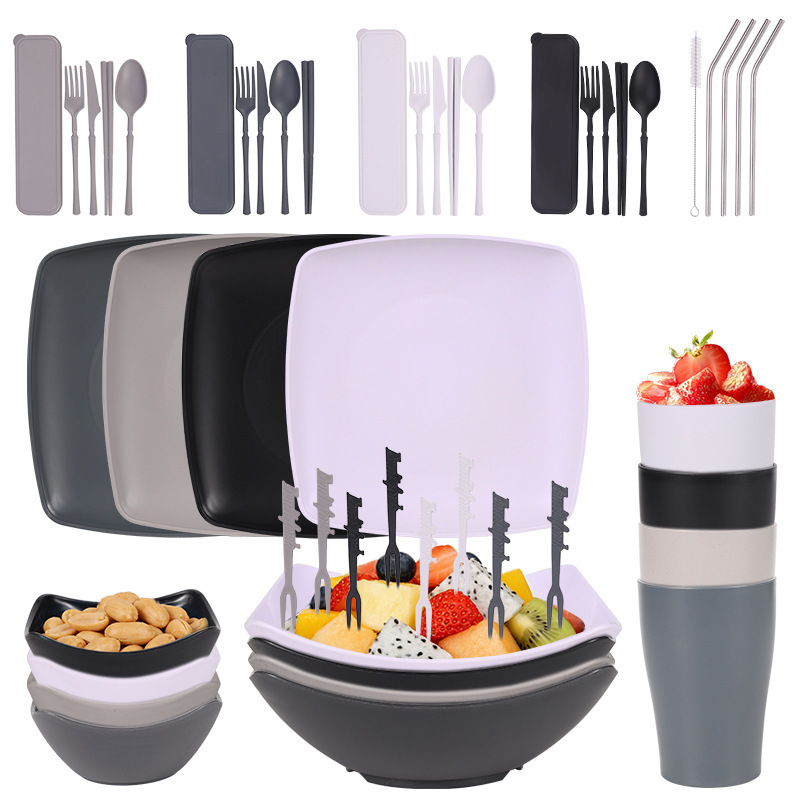 New Amazon Wheat Straw Square Steak Plate Salad Bowl Cup Knife Fork Spoon Chopsticks Straw Tableware Set