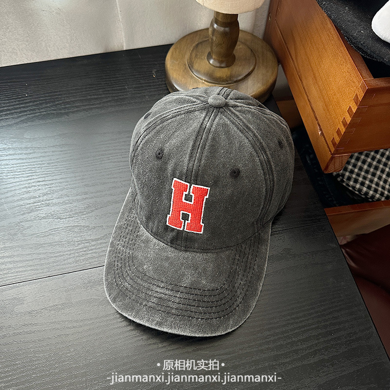 水洗牛仔做旧H字母棒球帽女夏季软顶透气复古美式百搭休闲鸭舌帽|undefined