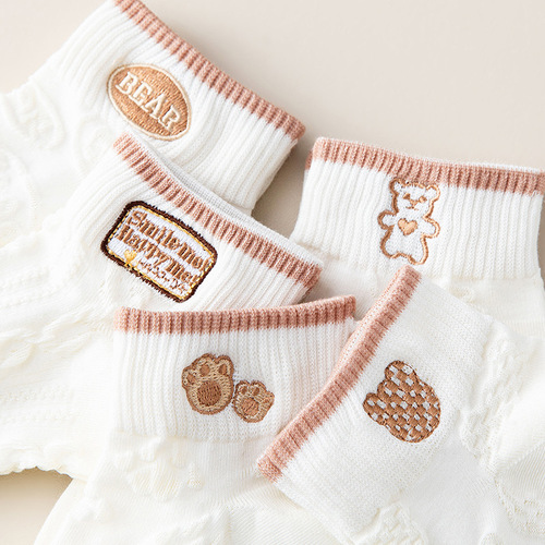 Socks for women summer thin women's pure cotton white ins embroidered bear boat socks low cut white women's socks wholesale