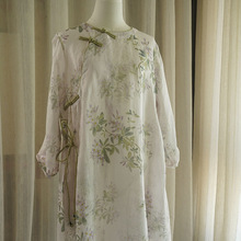 2025夏季新款  新中式苎麻印花撞色盘扣单层全侧开旗袍裙221167