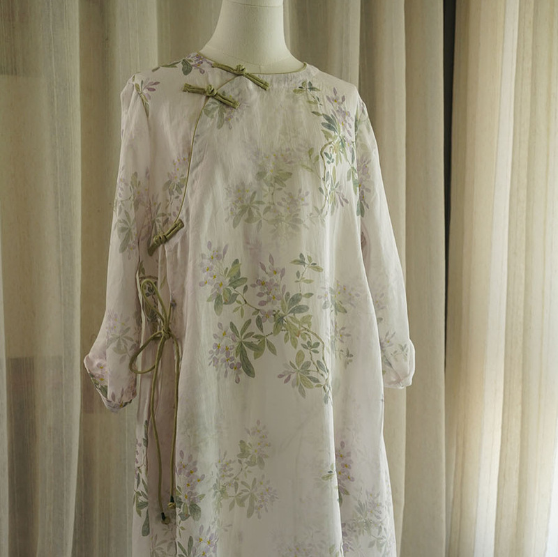 2025 New Summer Style New Chinoiserie Ramie Printed Contrasting Color Plate Button Single Layer Full Side Open Cheongsam Skirt 221167
