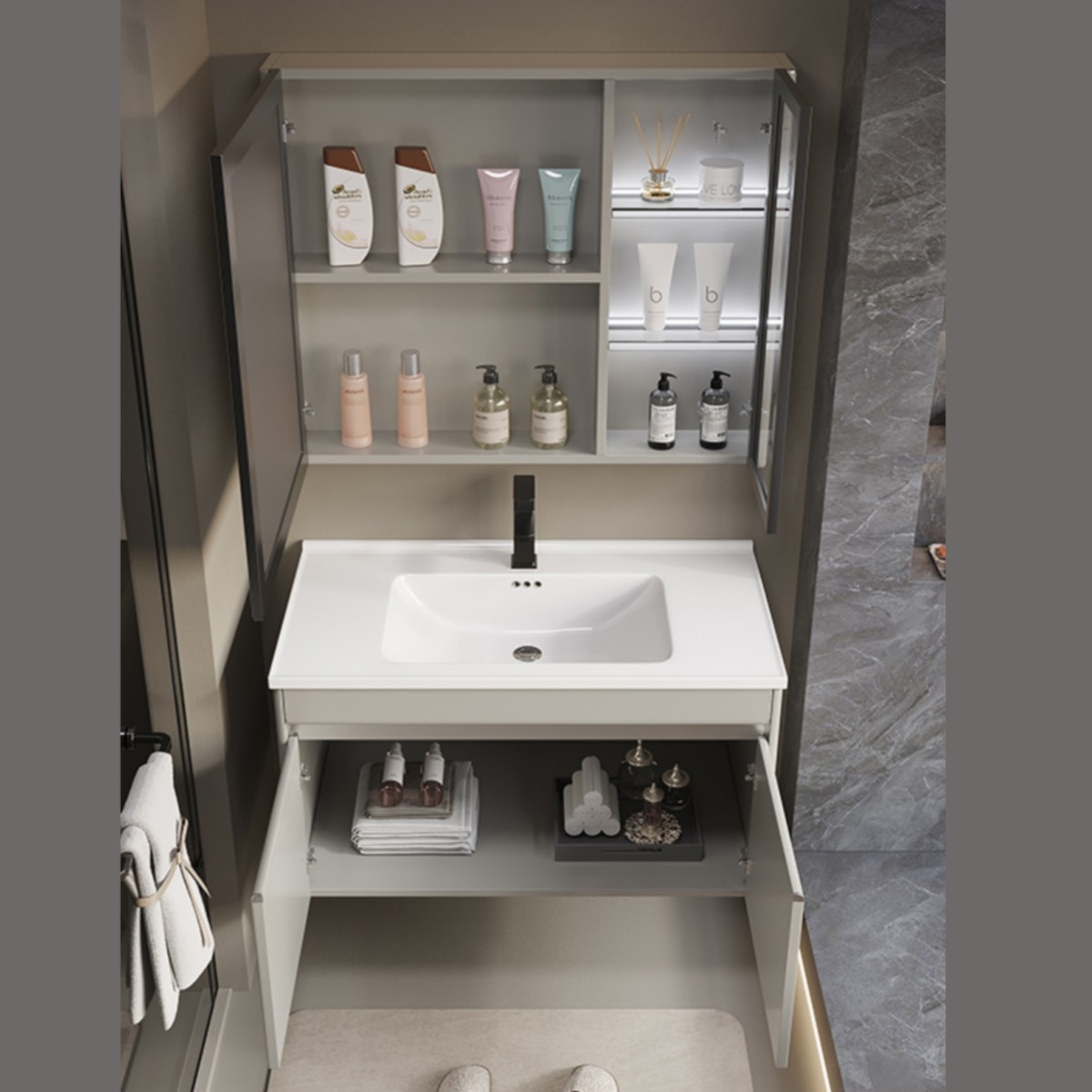 Baño colgado en la pared tipo lavado de cara lavado de manos tipo pequeño hogar todo en una bañera cerámica gabinete de baño de acero inoxidable combinación de lavabo de placa de roca