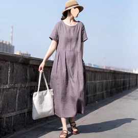 清仓捡漏~春夏季复古文艺宽松棉麻长裙 中长款圆领短袖女士连衣裙