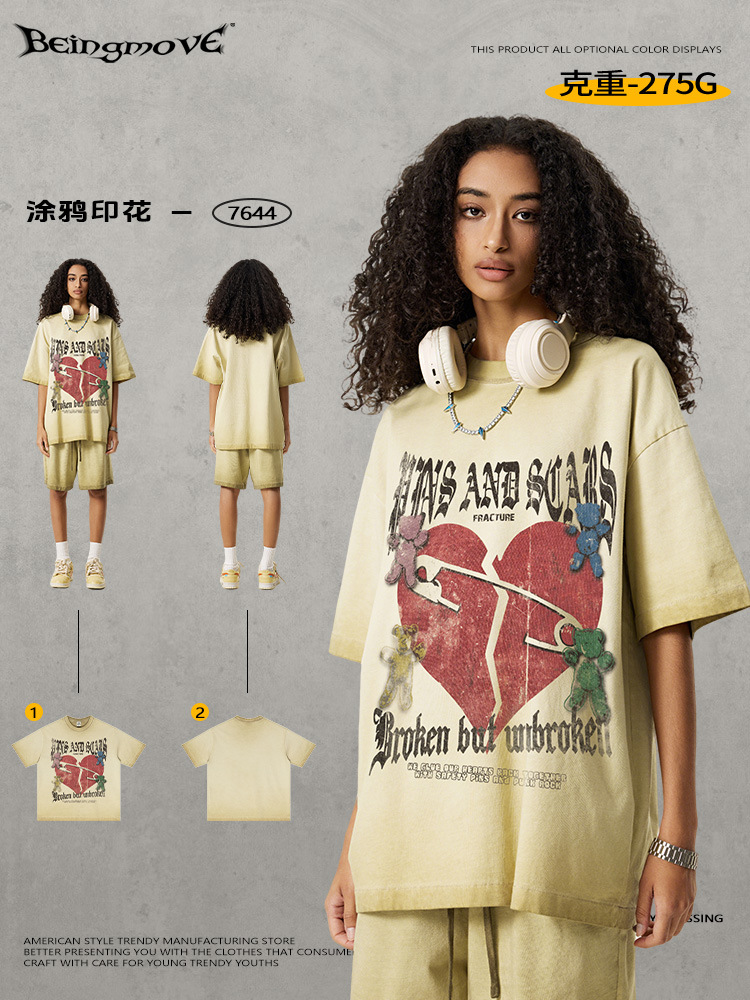 Calle secada| Calle americana retro hacer vieja impresión subcultural manga corta personalidad tendencia suelta camiseta de hombro para hombre