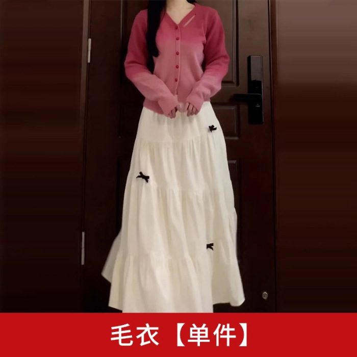 早秋小个子韩系穿搭新款慵懒粉色针织毛衣半身裙一整套装超火|undefined