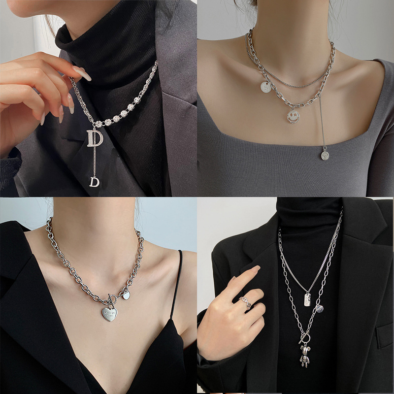 High-Grade Letter Titanium Steel Necklace Female Couple Double-Layer Non-Fading Exquisite All-Match Pearl Sweater Chain Jewelry Wholesale