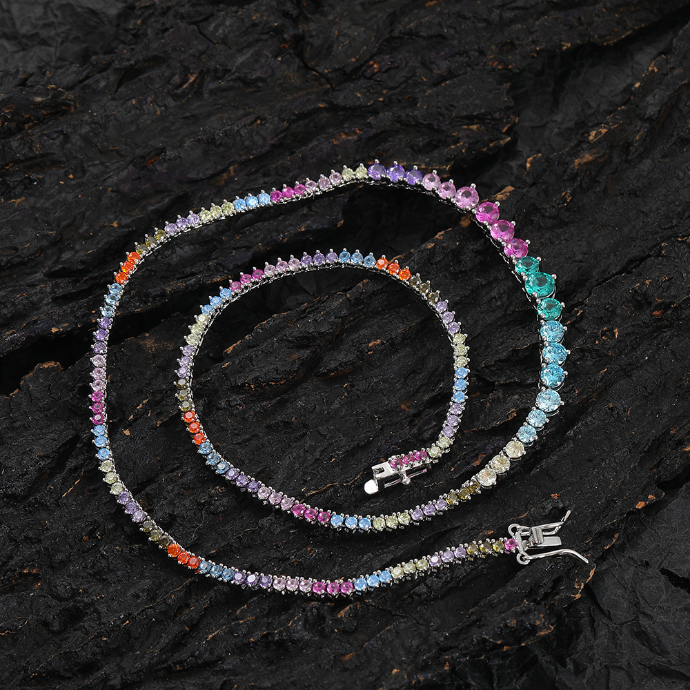 Holiday, Daily Occasion Copper Material Three-Claw Gradient Color Zircon Tennis Necklace New Trendy Unique Chain Hip Hop Style Style Twin