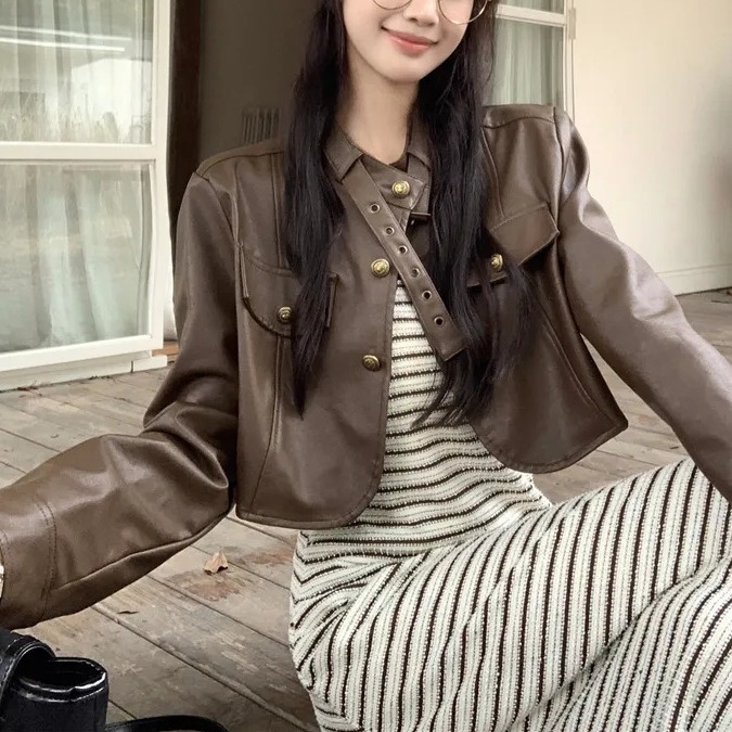 Short hot girl PU leather brown leather coat for Women 2020 autumn and winter New Fashion loose slimming jacket