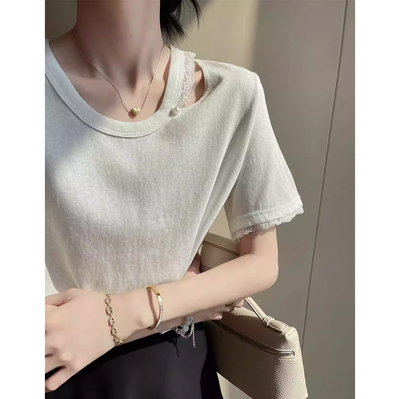 White Round-Neck Hollow-Out Short-Sleeve T-Shirt for Women, Summer 2026 New Lace Design, Niche Elegant Top White Round-Neck Hollow-Out Short-Sleeve T-Shirt for Women, Summer 2026 New Lace Design, Niche Elegant Top