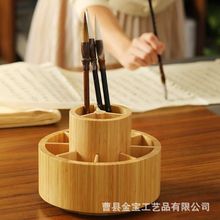 创意圆形可转动竹木笔筒盒分格文具毛笔架办公桌面木质笔筒收纳盒