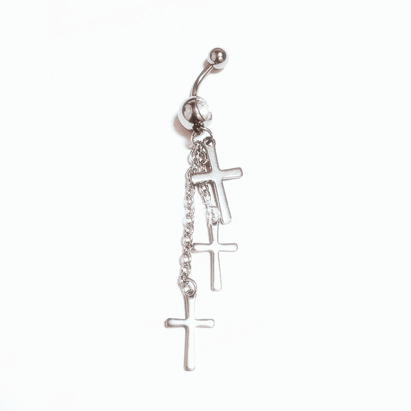 Piercing nombril avec trois croix et chaîne à pompons en acier_voghion.com