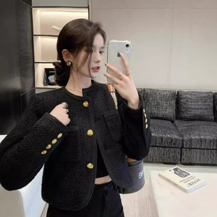 2024 New French Versatile Long-Sleeve Chanel-Style Jacket for Petite Figures, Short, Slim-Fit, Gentle Style, Single-Breasted Black