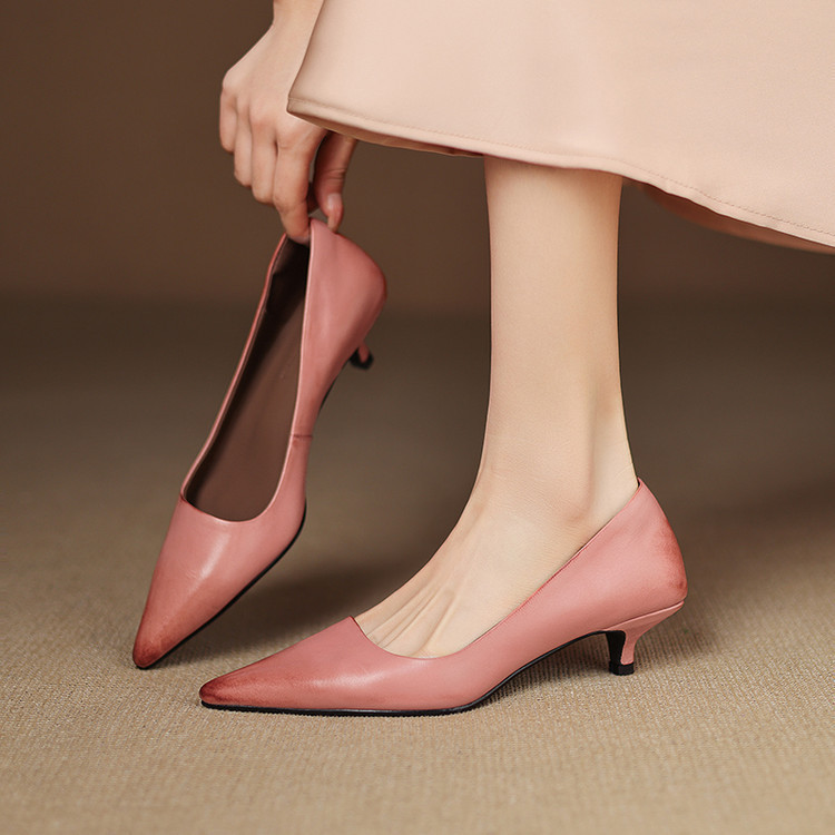 In-Stock Retro French-Style Simple Pointed Shallow Casual Versatile Full-Wrap Low-Heeled Shoes with Stiletto Kitten Heels