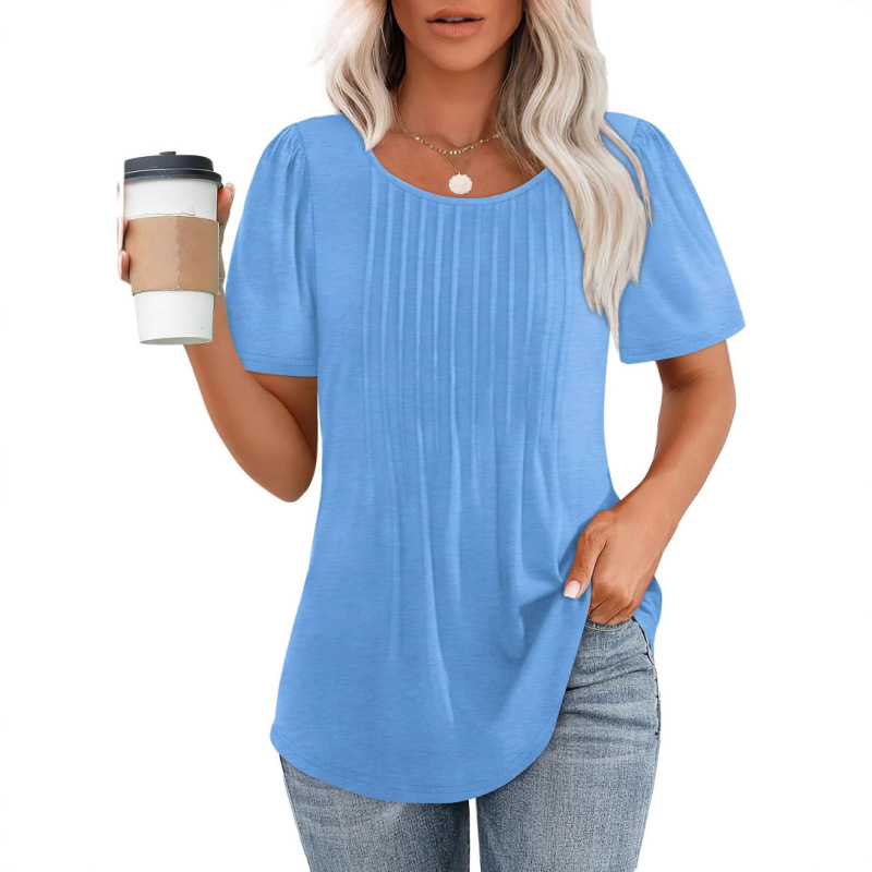 2025 アマゾン貿易ルーズヨーロッパとアメリカの新しいスタイルのプリーツラウンドネック半袖 Tシャツレディーストップストリップ無地婦人服|undefined