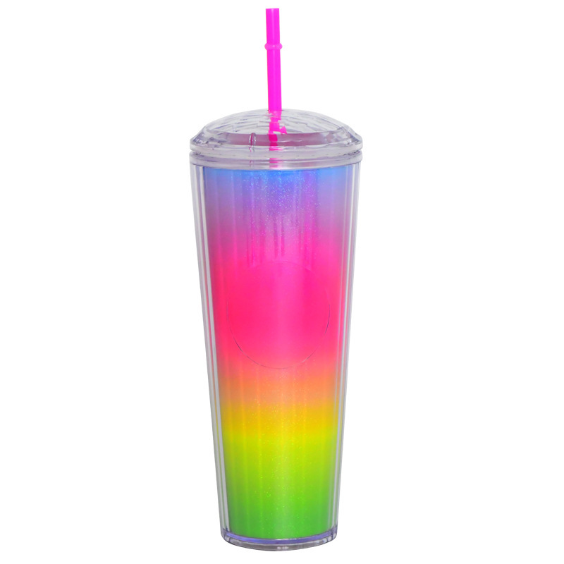 プラスチックカップ新型二重クリエイティブグラデーションマーメイドテールストローカップドリアンカップメッキカラースパンコールカップ|undefined