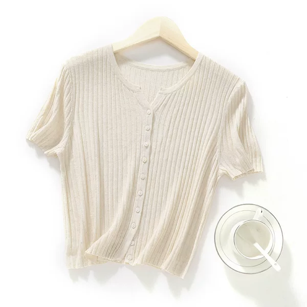 Refreshing Breathable Tencel Linen Short-sleeved Knitted Cardigan Slim-fit Slimming V-neck Short-sleeved Top for Women Xia Xin 24