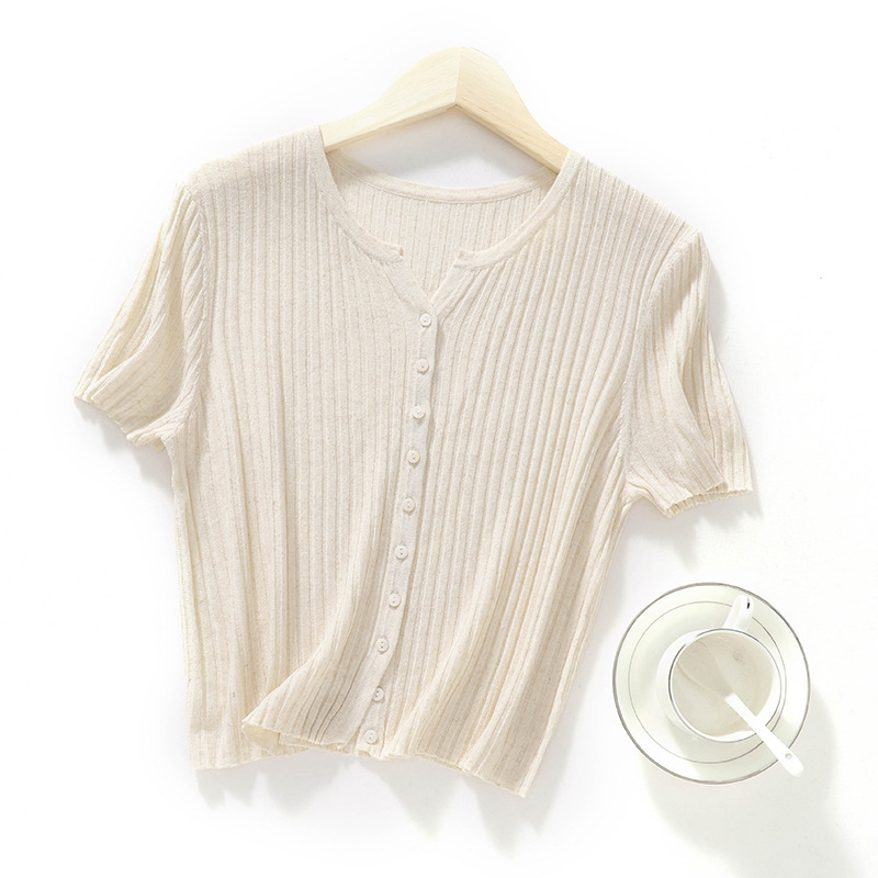 Refreshing Breathable Tencel Linen Short-sleeved Knitted Cardigan Slim-fit Slimming V-neck Short-sleeved Top for Women Xia Xin 24