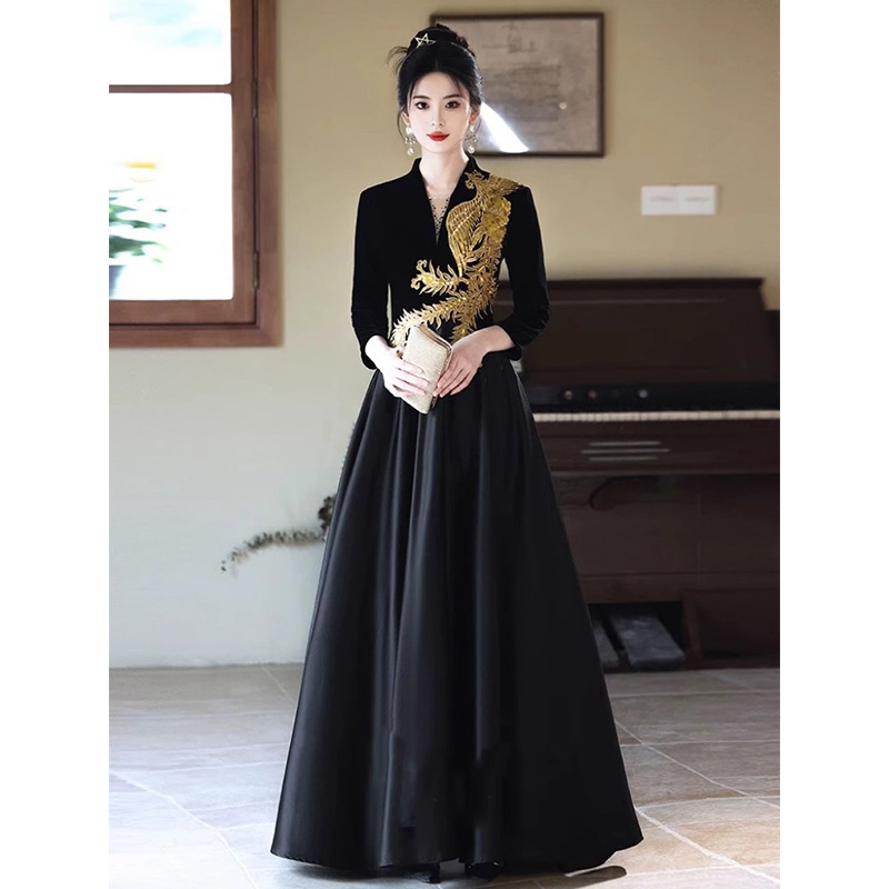 Evening Dress Women's High-end Black Long-sleeved High-end Atmosphere Annual Meeting Host Vocal Art Examination Choir Performance Dress