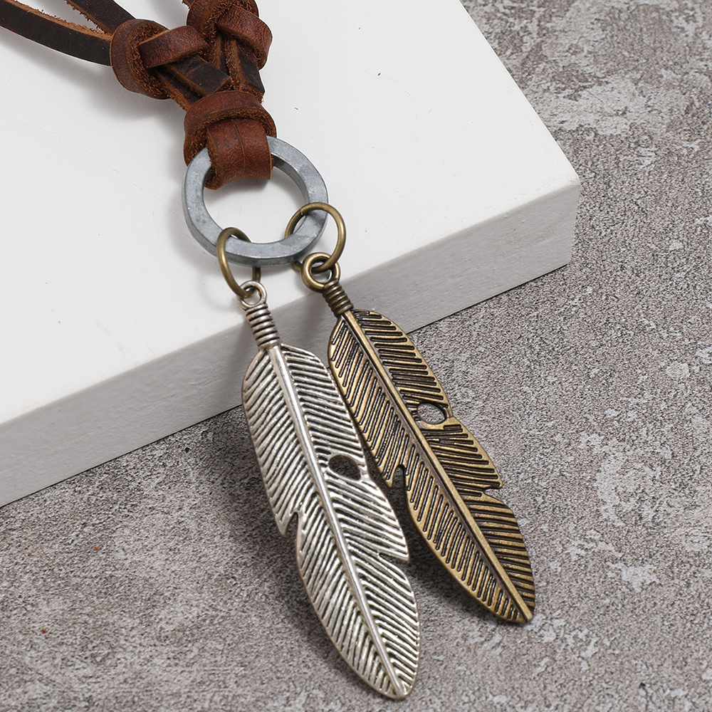 hip-hop retro alloy feather adjustable necklace