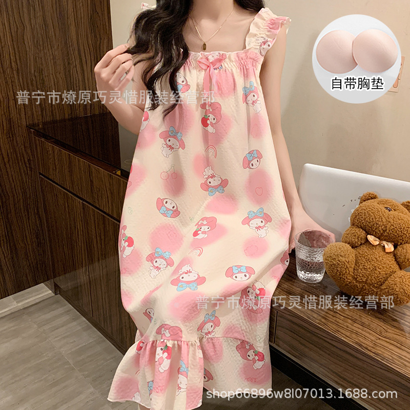 Pijama de cabina para mujeres polvo de cereza de verano algodón trenzado cojín de pecho pijama largo viento rojo de primavera y verano ropa para el hogar