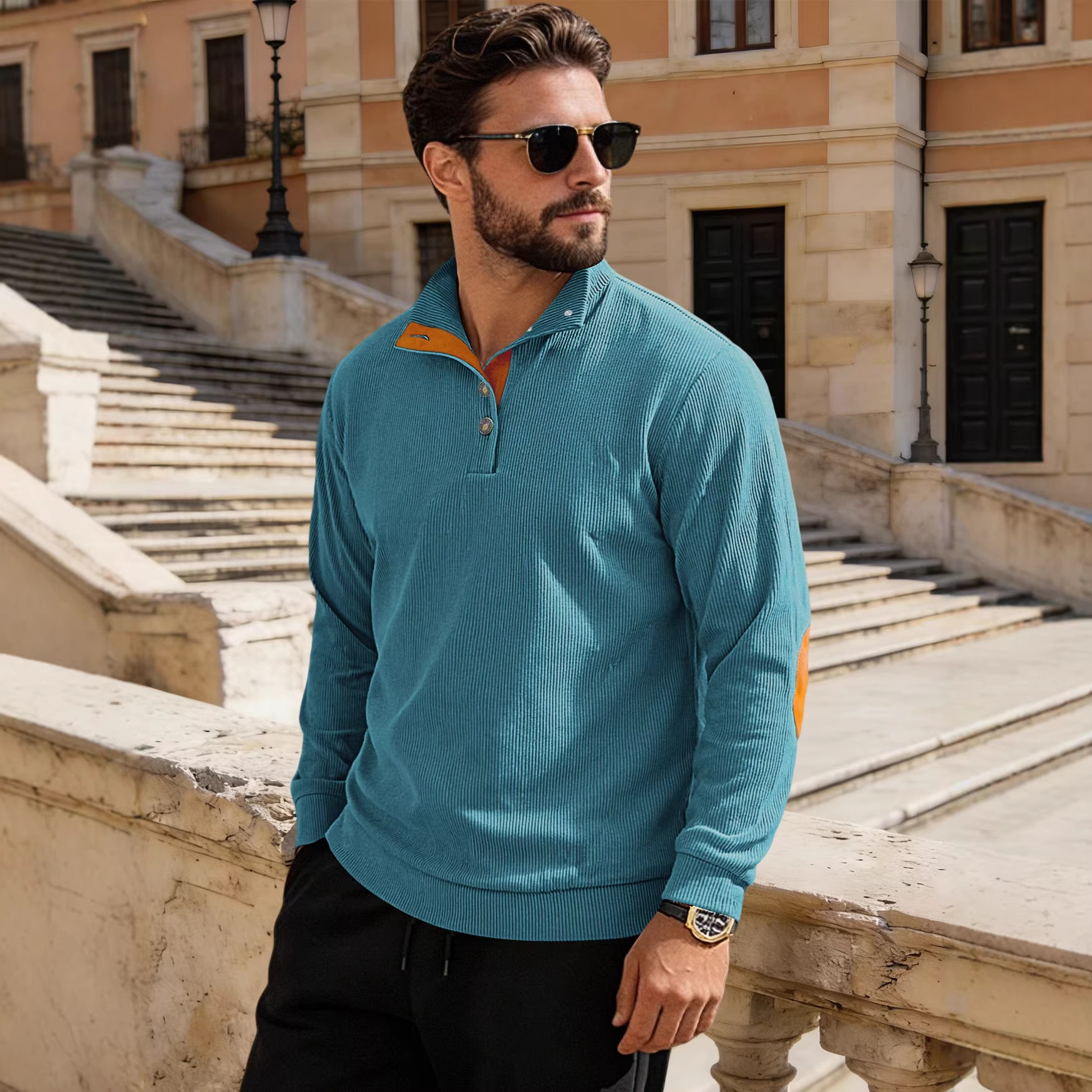 Nuevo cross-border otoño y invierno tamaño europeo cuello de manga larga camisa casual Amazon tejido de terciopelo overhead Henry suéter hombre