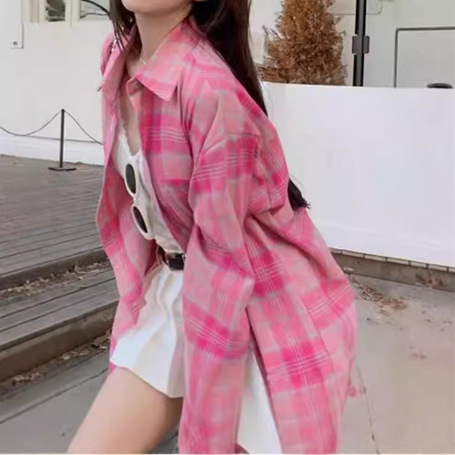 Magenta Grid Women's Mid-Long Sleeve Top Spring Summer Autumn New Loose Hong Kong Style Retro Blouse Jacket