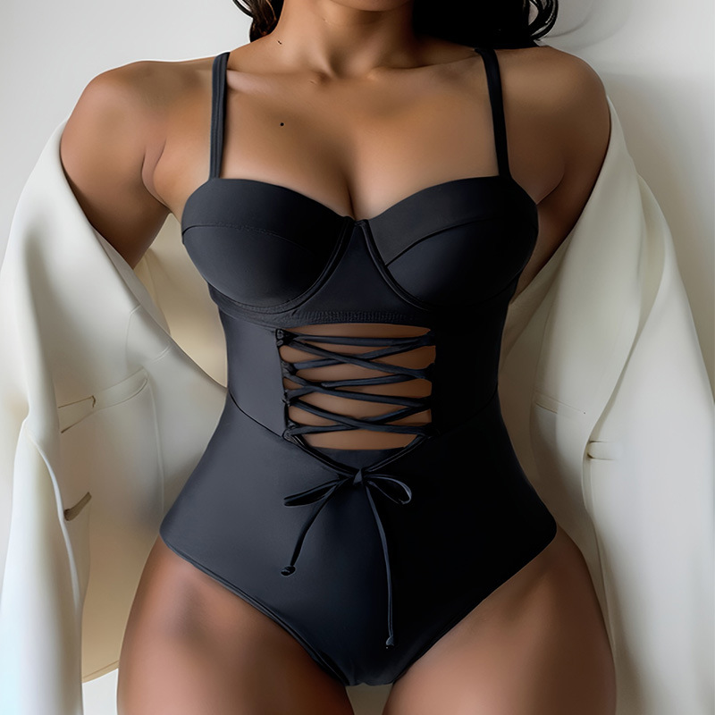 GraceChic GraceChic 2024 New Women's One-Piece Swimsuit Solid Color Simple High-End Drawstring Tummy Control Slimming Beach Bikini Swimwear_voghion.com