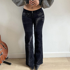 欧美甜美少女风花卉印花微喇裤新款镶钻修身显瘦高腰基础百搭长裤