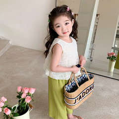 女童時髦套裝洋氣兒童夏季冰絲闊腿褲兩件套網紅炸街女孩2024新款