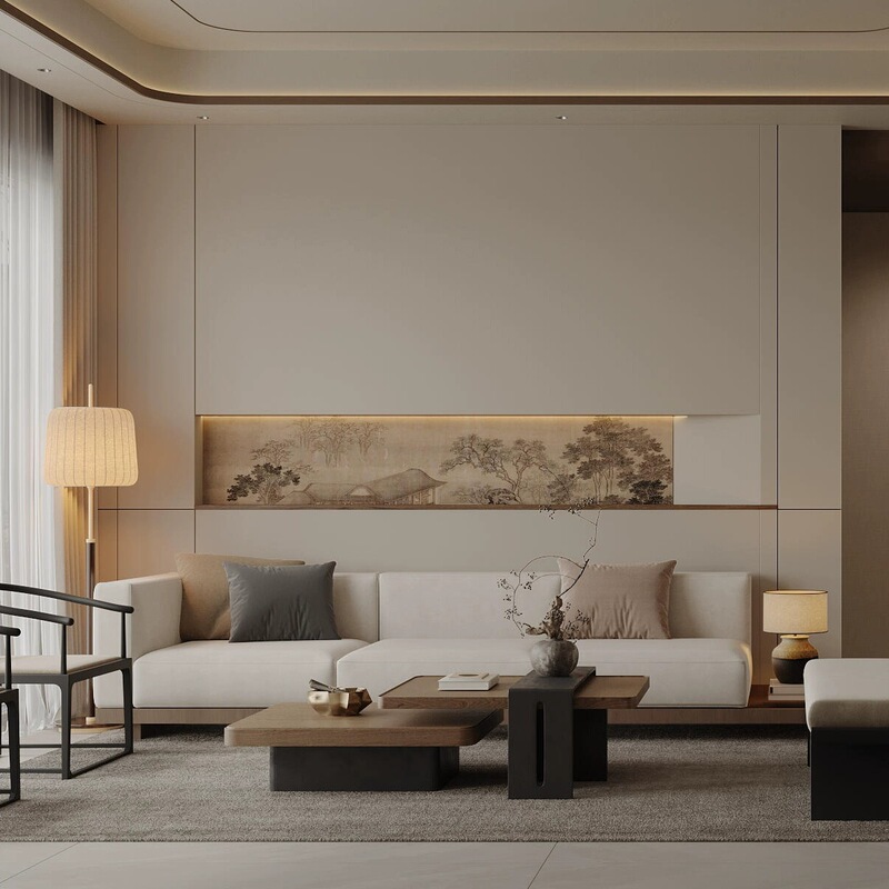 New Chinese Classical Leisure Garden Painting, Fuchun Mountain Residence Painting, Waistline, Song-Style Aesthetics, Mid-Century Style Seamless Wall Covering Mural