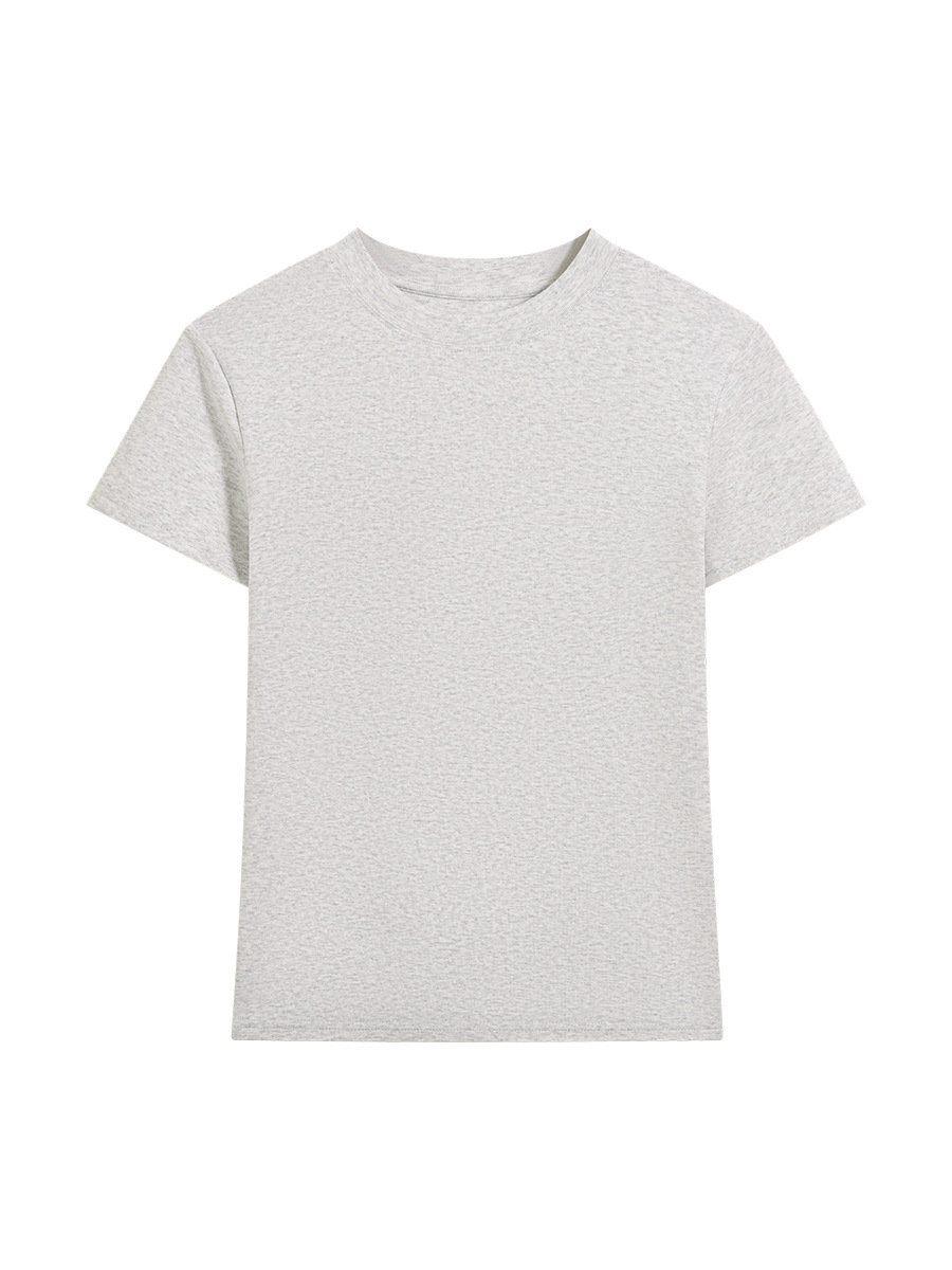 肩の半袖のtシャツの女性のフランスの丸首の2025夏の短いタイプの弾力の修身のギャルの風はやせている短い上着の女性を現します。