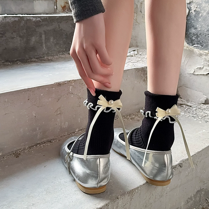 Summer thin white knee socks with bow, cute loafers, mid-length