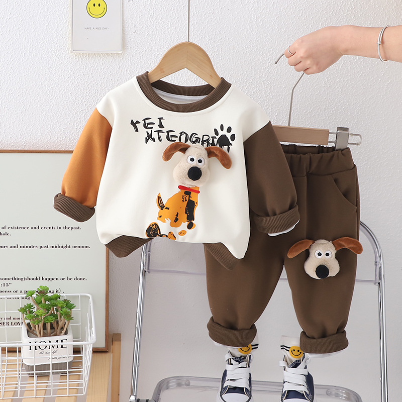 Vêtements de printemps pour garçons et filles, dessin animé de chiot 3D, col rond fendu, manches longues, 1 ensemble 2 pièces pour enfants, automne 2024_voghion.com