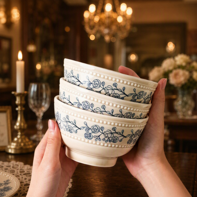 Retro Off-White Ceramic Bowl with Blue Hand-Painted Rose Vine Pattern and Bead Dot Embossed Edge, Rice Bowl, French Country-Style Tableware Retro Off-White Ceramic Bowl with Blue Hand-Painted Rose Vine Pattern and Bead Dot Embossed Edge, Rice Bowl, French Country-Style Tableware