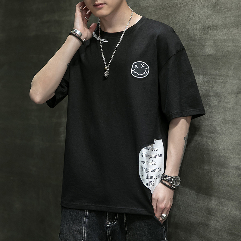 Men's 2023 Summer New Pure Cotton Short Korean Edition Trendy Brand Smiling Face Bottom Shirt Versatile Half sleeved_voghion.com