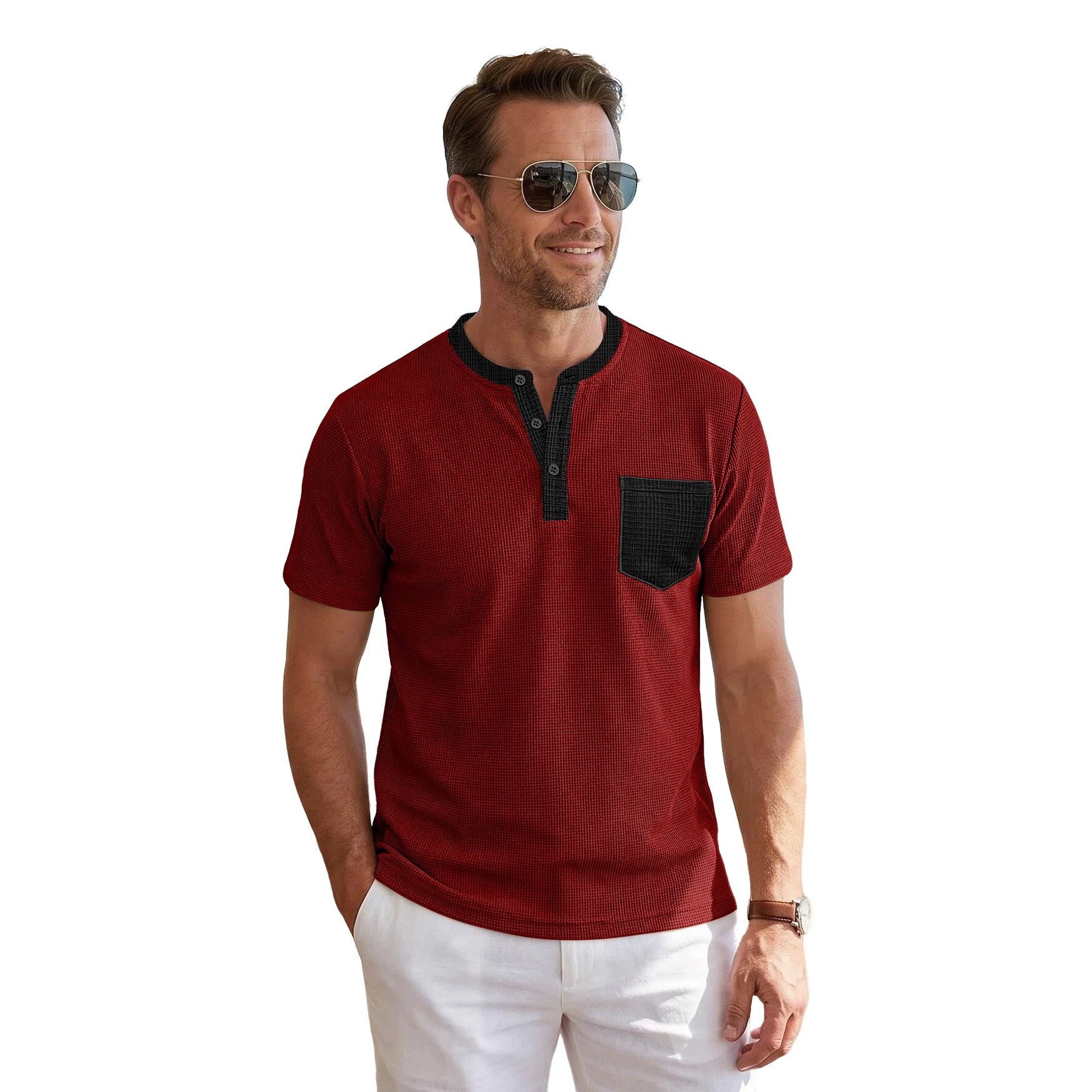 Cross-border Hyun hombre Waffle Henry cuello camiseta bolsillo de contraste Casual blusa larga de comercio exterior mangas cortas