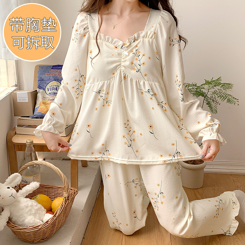 Princesa estilo simple pijamas de las mujeres tejido crepe cuello en V algodón manga larga Otoño e Invierno dulce desgaste del hogar con almohadilla de pecho traje