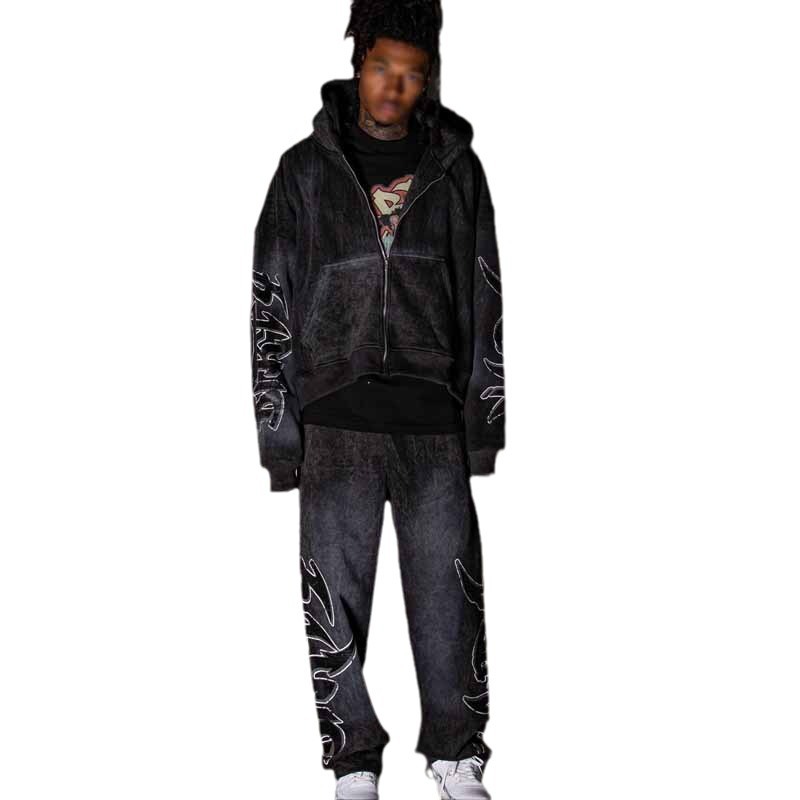 Moška oblačila Ulični trend Distressed Flame potiskan pulover s kapuco Retro pulover s kapuco Hlačne obleke Moška_voghion.com