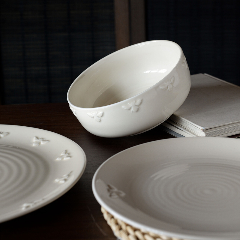 〖Bee Embossed Tableware〗High-Looking Mid-Century Style Bowl, Retro Ceramic Household Tableware, Soup Bowl, Noodle Bowl, Dish Plate