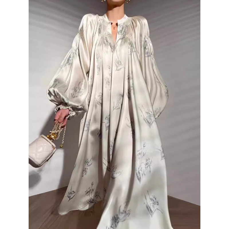 In-Stock European and American Cross-Border Fashion Women's Clothing, French-Style High-End Silk Satin Ink Painting Print Dress for Women