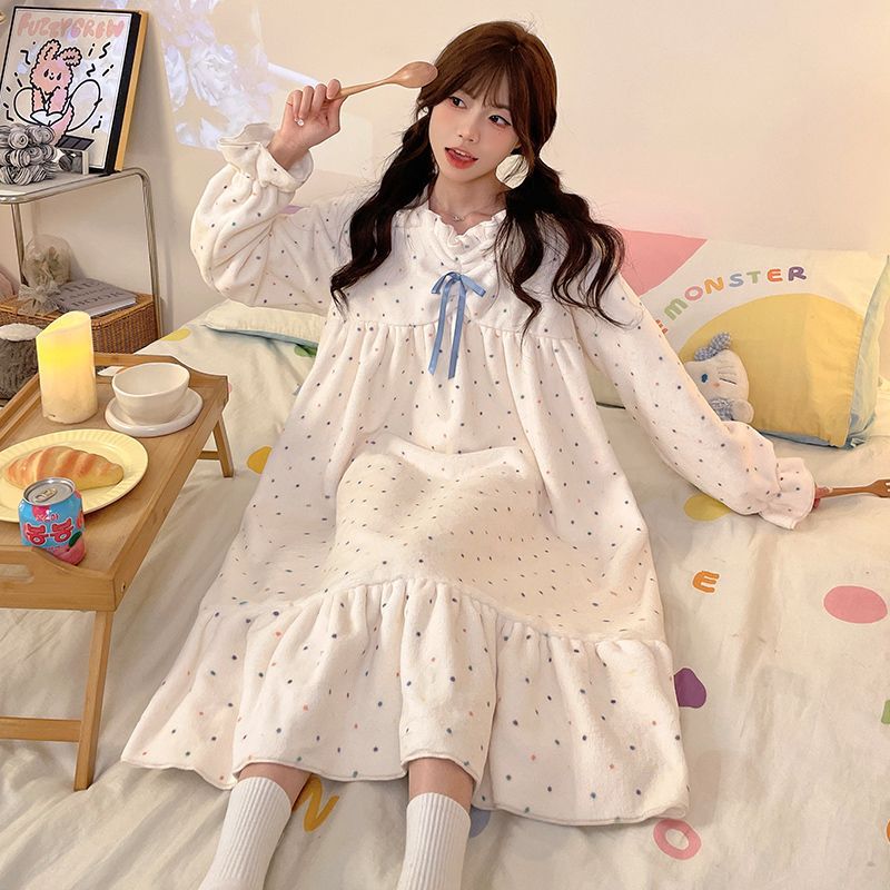 Winter Princess Style Nightgown for Women Autumn and Winter Coral Velvet Thickeneded Fleece-Lined Cute Pajamas Dress Flannel Home Clothes